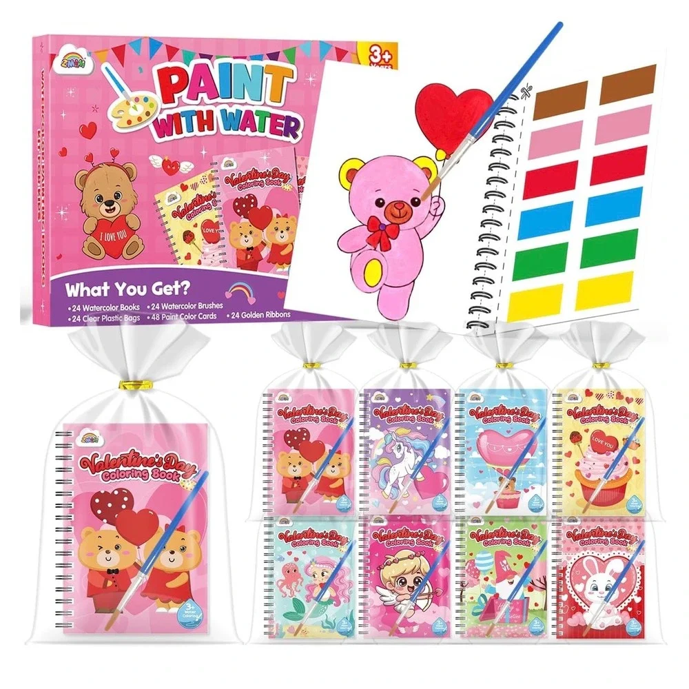 Paint With Water Kids 24 Pack Pink New Valentines Day Coloring Book Set